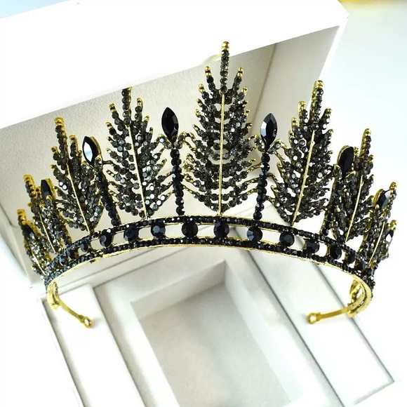 Vintage Accessories - Vintage Gold and Black Leaf Crystal Tiara - Women Accessories